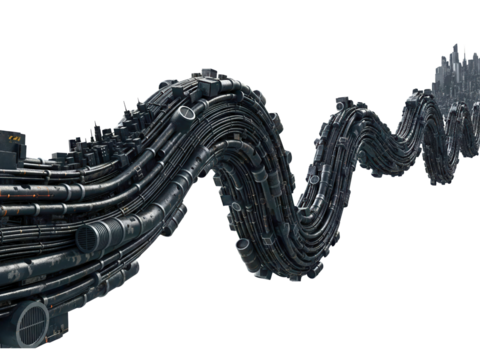 Wavy bundle of industrial pipes forming a futuristic cityscape on a transparent background