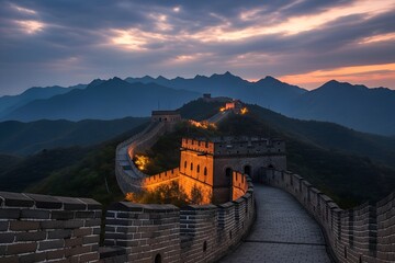 Serene Sunset: Illuminated Great Wall of China Winding Through Majestic Mountains