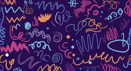 Fototapeta premium Colorful abstract hand-drawn doodle pattern on dark background, fun and playful design