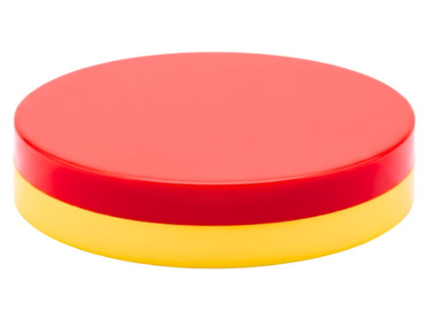 Large red and yellow round plastic push button for games on a transparent background