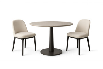 Obraz premium Beige-upholstered chairs flanking round dining table, dark brown wooden legs, white background supporting modern interior design concept