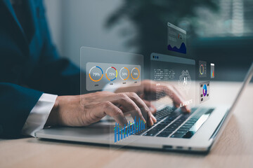 Businessman typing on laptop with AI agents holographic interface. Artificial intelligence for data analytics, automation, digital transformation and innovative business solutions. AI agents