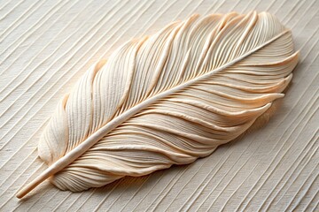 Cream-colored sculpted feather on pleated fabric; elegant, minimalist, serene texture.
