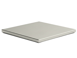Thin square sheet of metal with a brushed texture finish on a transparent background