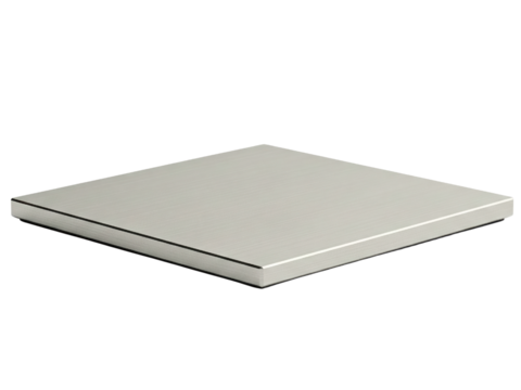 Thin square sheet of metal with a brushed texture finish on a transparent background