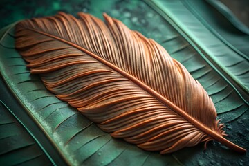 Bronze Feather Sculpture on Leaf: Detailed Macro Shot