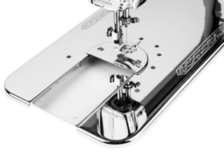 Close-up of a vintage sewing machine, chrome needle plate, and foot on a transparent background
