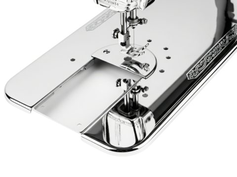 Close-up of a vintage sewing machine, chrome needle plate, and foot on a transparent background