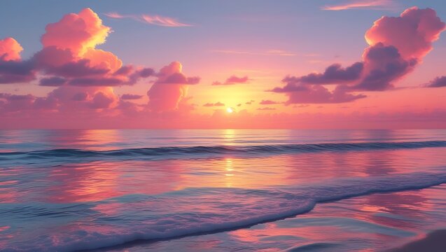 Serene coastal sunset with vibrant pink and orange clouds reflecting over the ocean