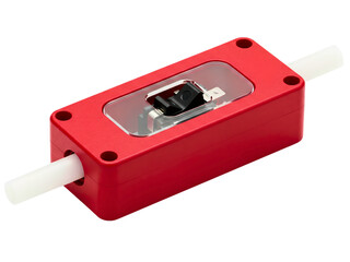 Red inline cord rocker switch with a transparent protective cover on a transparent background