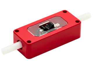 Red inline cord rocker switch with a transparent protective cover on a transparent background