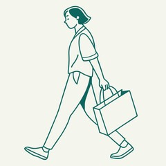 Woman Walking with Shopping Bag, Focused on Person, Side View, Casual Outfit.