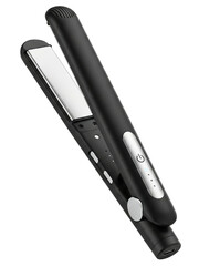 Black cordless hair straightener with ceramic plates and LEDs on a transparent background