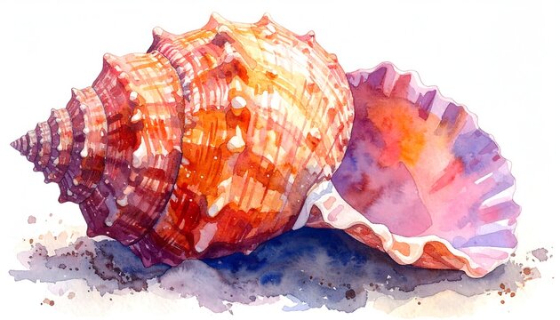 Watercolor seashell on sand