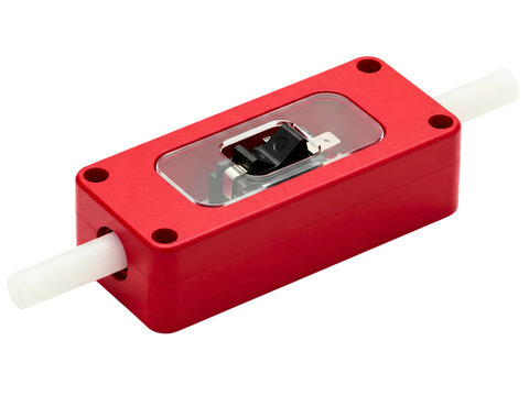 Red inline cord rocker switch with a transparent protective cover on a transparent background