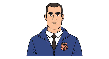 Cartoon man in blue jacket and tie with emblem