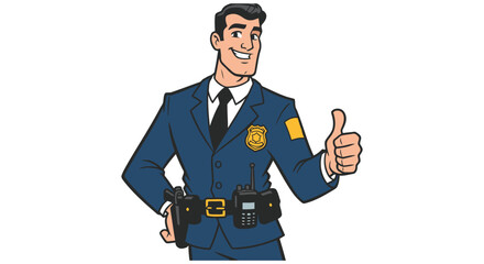 Smiling police officer gives thumbs up in uniform