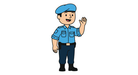Friendly cartoon police officer waving hello with a smile