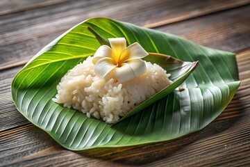 Sticky Rice Wrapped in Banana Leaf with Tropical Flower