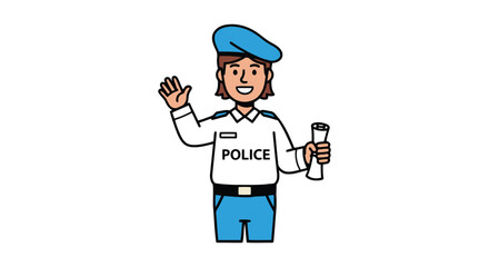 Friendly cartoon police officer waving and holding a rolled document