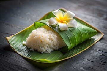 White Steamed Rice on Banana Leaf with Tropical Flower