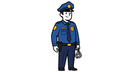 Cartoon police officer standing firmly holding handcuffs