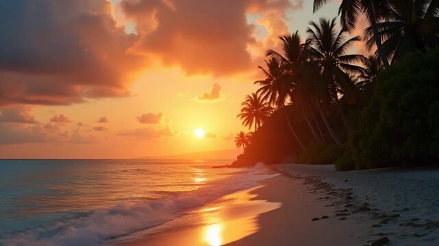 sunset on the beach with coconut trees and cloudy clouds.