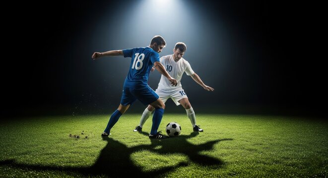 Two soccer players competing for the ball under a dramatic spotlight