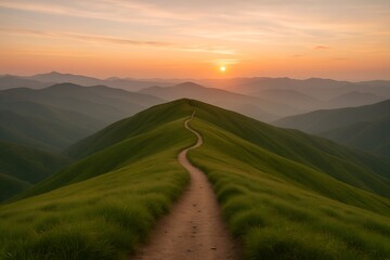 Serene Sunset Path Winding Through Lush Green Mountains
