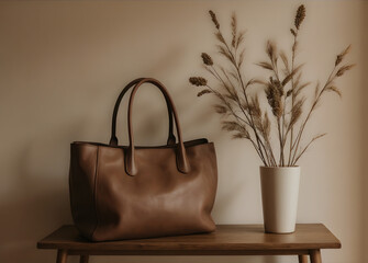 A brown leather tote bag sits on a wooden surface next to a vase of dried plants. The background is a neutral beige wall.