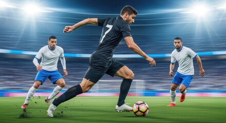 Professional soccer player dribbling the ball past defenders in a stadium