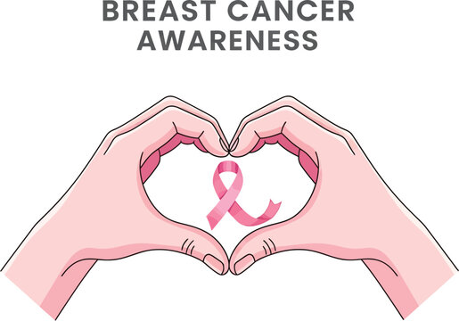 Hands forming a heart shape with a pink ribbon inside, breast cancer awareness month