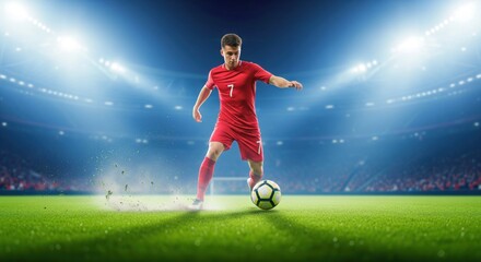 Professional soccer player in a red uniform kicking the ball in a stadium