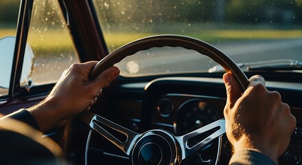 Naklejka premium Driving an authentic automobile on an open road during golden hour