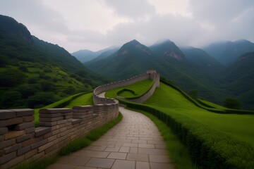 Serene Path Along the Great Wall of China in Lush Mountains