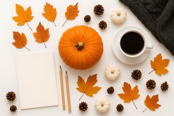 Autumn Flatlay with Pumpkin Coffee and Blank Note