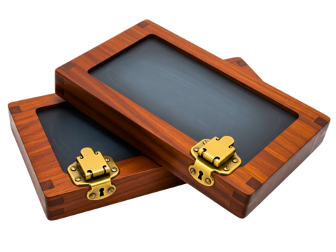 Pair of antique wooden writing slates with brass locking clasps on a transparent background