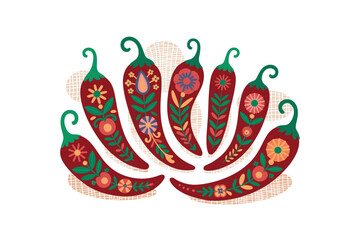 Stylized Chili Pepper Illustration with Floral Motifs: Perfect for Cinco de Mayo, Mexican cuisine, and vibrant food-related projects with a colorful folk art vibe