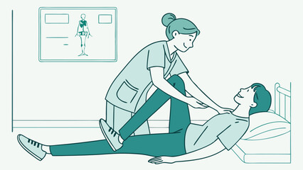 Physical therapist assisting patient with leg exercise in clinic.