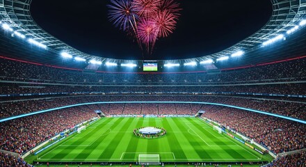 Fireworks explode over a packed football stadium during a championship celebration
