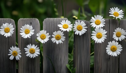 A row of daisies grows on the top and bottom of a wooden fence, showcasing natural floral beauty and rustic charm in an outdoor garden or countryside landscape setting