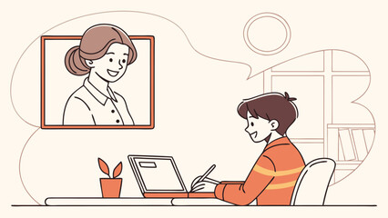 Boy Engaged in Online Learning with Teacher on Laptop.