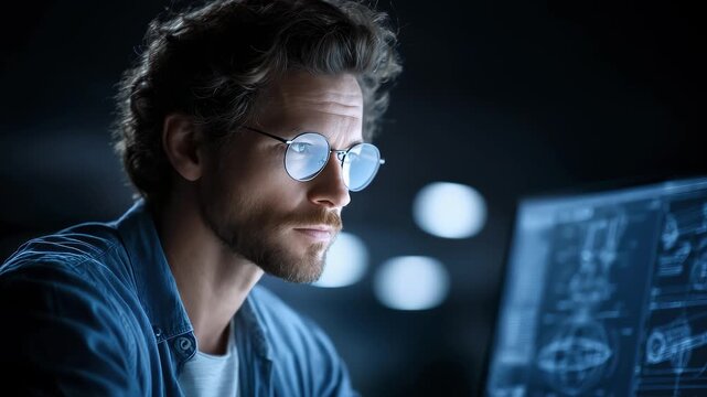 Engineer Focuses on Work Reviewing Design Drawings