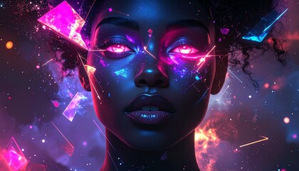 Futuristic portrait of a woman with glowing pink eyes amidst neon geometric shards and cosmic nebula.