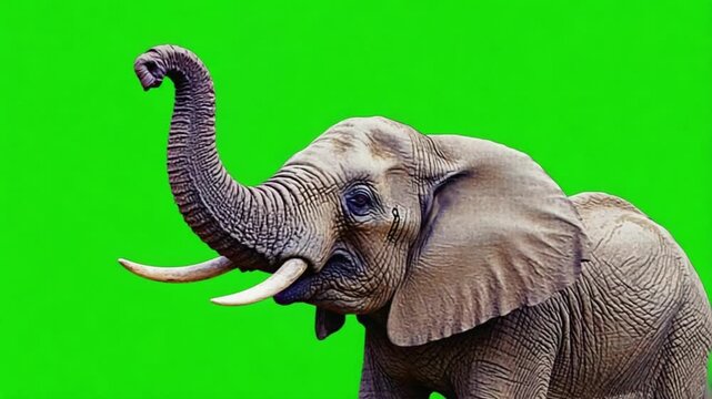 Close up of an elephant with its trunk raised against a bright green background image view animal green screen video