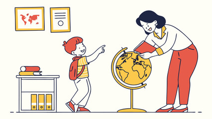 Teacher and student exploring a globe in a classroom setting.