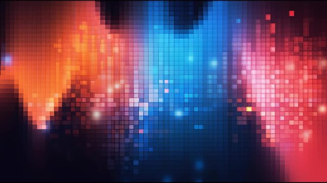 Vibrant Digital Symphony: A captivating digital artwork features an energetic mosaic of pulsating pixels in vivid hues of blue and red, generating a visual crescendo of technology.