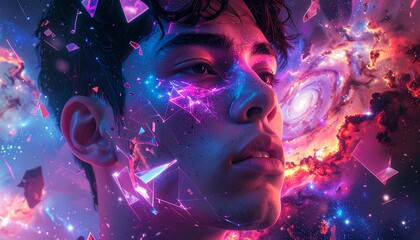 A young man's face illuminated by vibrant cosmic energy and shattered geometric light, set against a swirling galaxy and nebula background, evoking themes of consciousness and the universe.