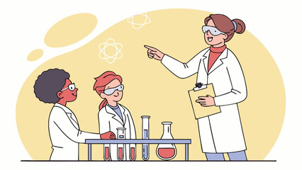 Teacher instructing young students in a science laboratory setting.