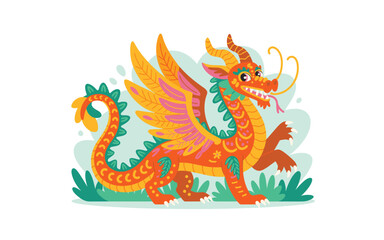 Colorful Winged Dragon Illustration: Decorative Asian Dragon with Vibrant Details and Whimsical Design, Perfect for Art and Decor